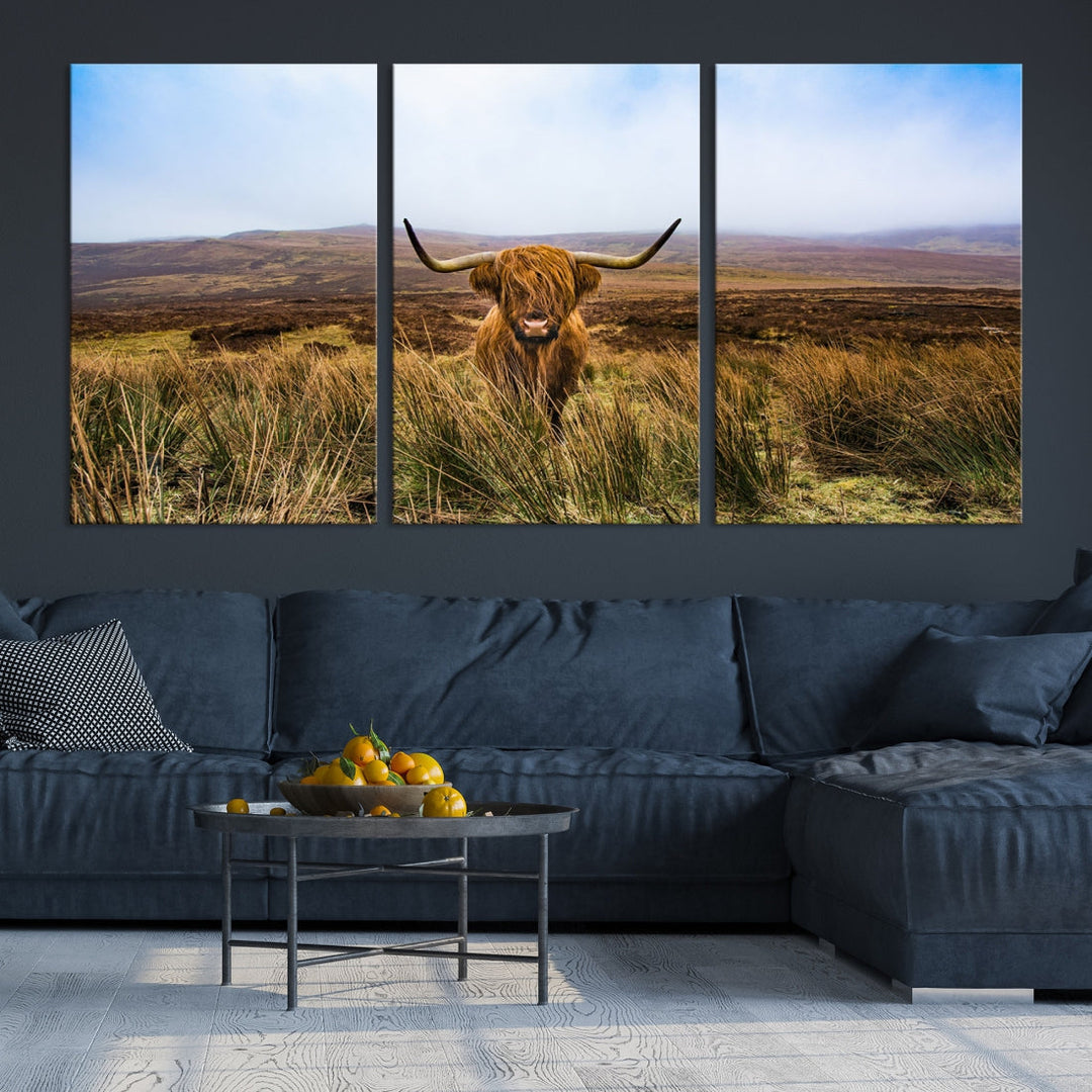 Highland Cow with Beautiful Landscape Canvas Wall Art Print Large Animal Art Print Farmhouse Ranch Farm Decor Cute