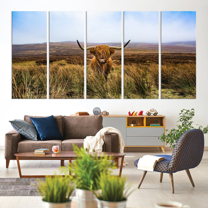 Highland Cow with Beautiful Landscape Canvas Wall Art Print Large Animal Art Print Farmhouse Ranch Farm Decor Cute