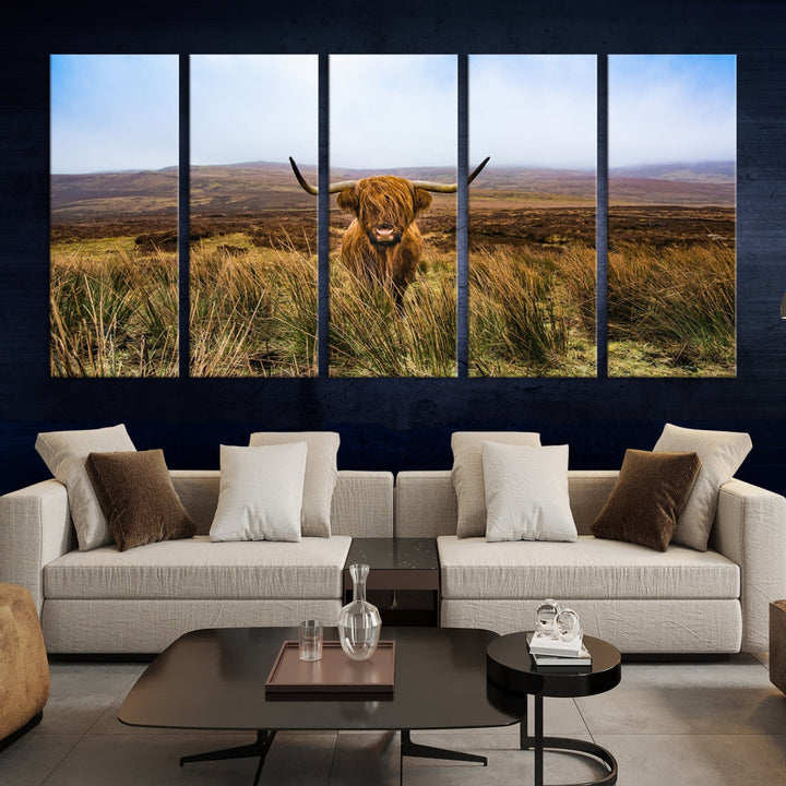 Highland Cow with Beautiful Landscape Canvas Wall Art Print Large Animal Art Print Farmhouse Ranch Farm Decor Cute