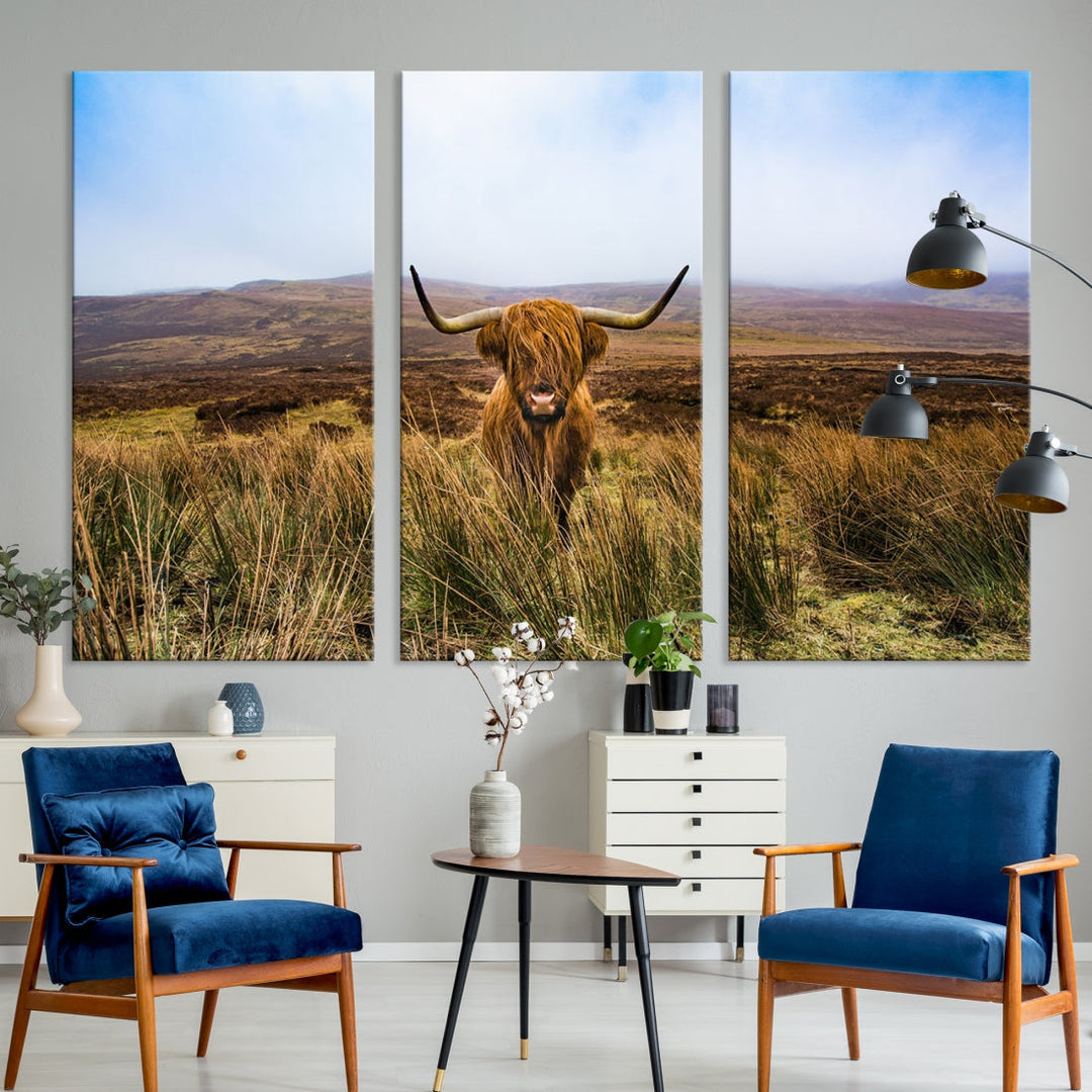 Highland Cow with Beautiful Landscape Canvas Wall Art Print Large Animal Art Print Farmhouse Ranch Farm Decor Cute