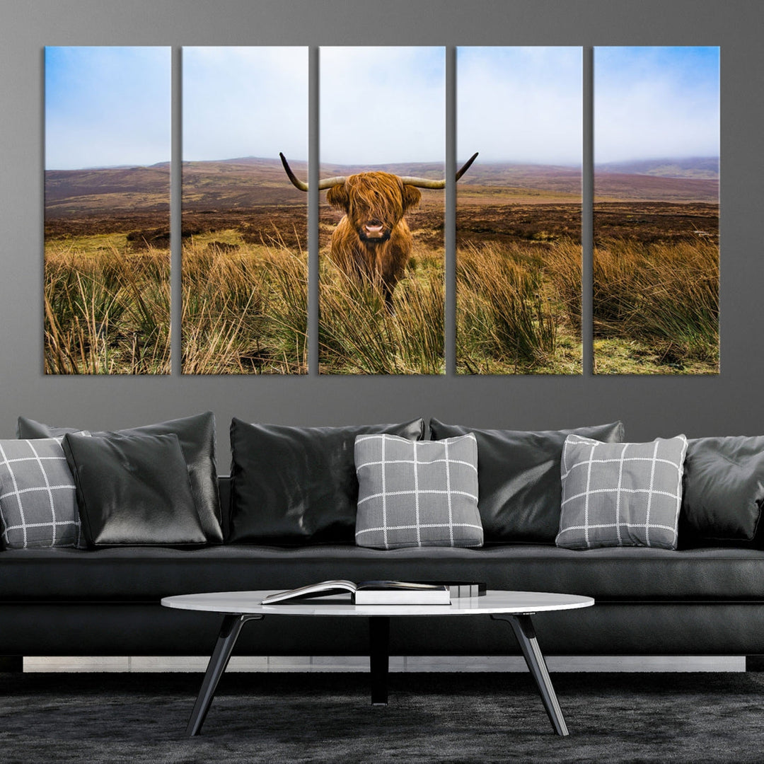 Highland Cow with Beautiful Landscape Canvas Wall Art Print Large Animal Art Print Farmhouse Ranch Farm Decor Cute