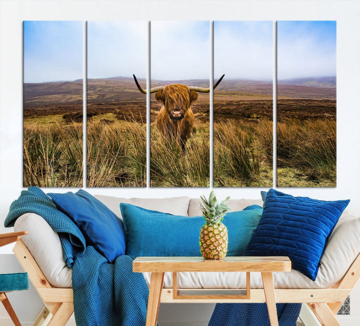 Highland Cow with Beautiful Landscape Canvas Wall Art Print Large Animal Art Print Farmhouse Ranch Farm Decor Cute