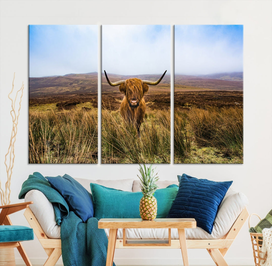 Highland Cow with Beautiful Landscape Canvas Wall Art Print Large Animal Art Print Farmhouse Ranch Farm Decor Cute