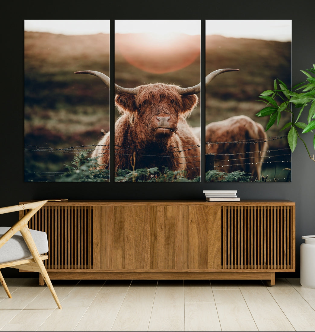 Grazing Highland Cows Canvas Wall Art Print Scottish Cattle Art Framed Ready to Hang Canvas Artwork for Walls Home Decoration Living Room Farmhouse Photograph Art Large Canvas Print