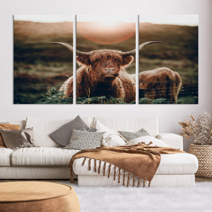 Grazing Highland Cows Canvas Wall Art Print Scottish Cattle Art Framed Ready to Hang Canvas Artwork for Walls Home Decoration Living Room Farmhouse Photograph Art Large Canvas Print