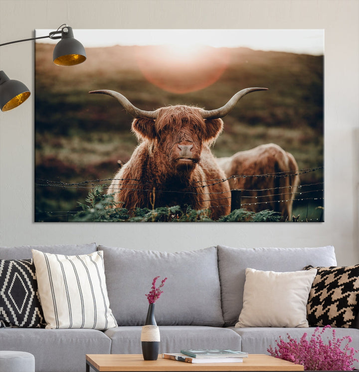 Grazing Highland Cows Canvas Wall Art Print Scottish Cattle Art Framed Ready to Hang Canvas Artwork for Walls Home Decoration Living Room Farmhouse Photograph Art Large Canvas Print