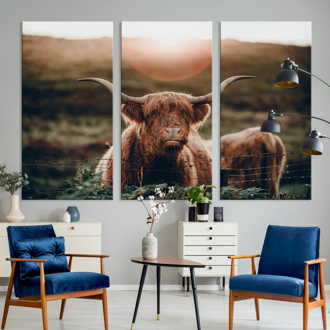 Grazing Highland Cows Canvas Wall Art Print Scottish Cattle Art Framed Ready to Hang Canvas Artwork for Walls Home Decoration Living Room Farmhouse Photograph Art Large Canvas Print