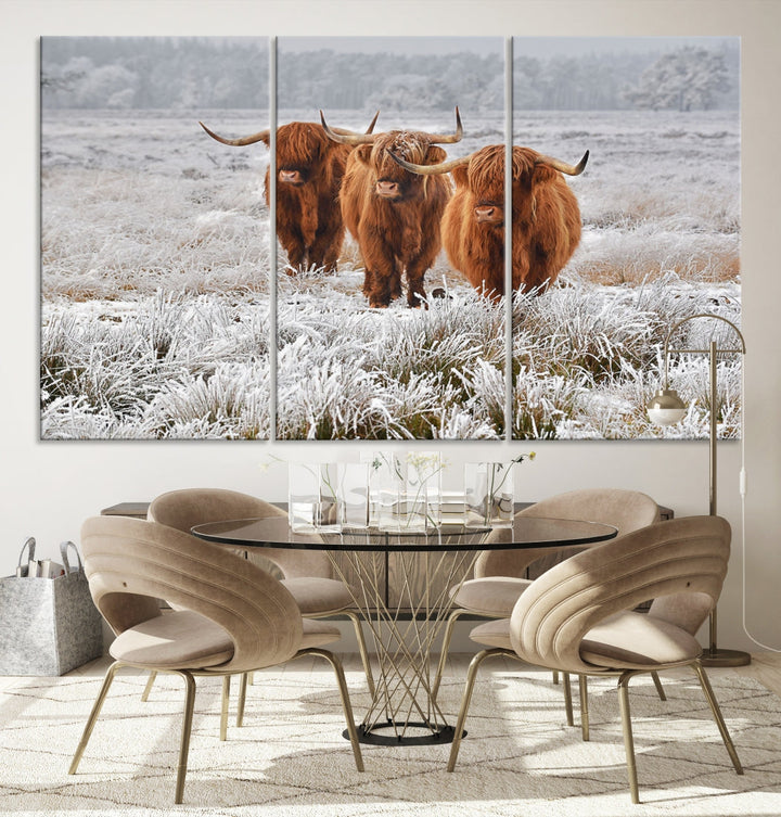 Highland Cows in Snow Canvas Art Animal Photography Large Print Wall Art Highland Cattle Picture Art Farmhouse Art