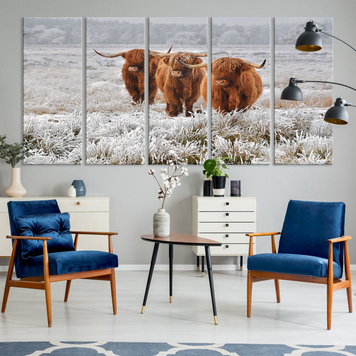 Highland Cows in Snow Canvas Art Animal Photography Large Print Wall Art Highland Cattle Picture Art Farmhouse Art