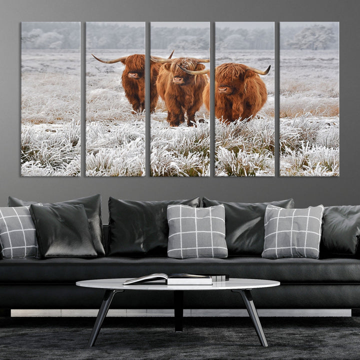 Highland Cows in Snow Canvas Art Animal Photography Large Print Wall Art Highland Cattle Picture Art Farmhouse Art