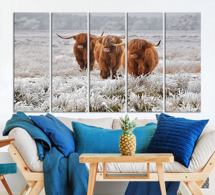 Highland Cows in Snow Canvas Art Animal Photography Large Print Wall Art Highland Cattle Picture Art Farmhouse Art