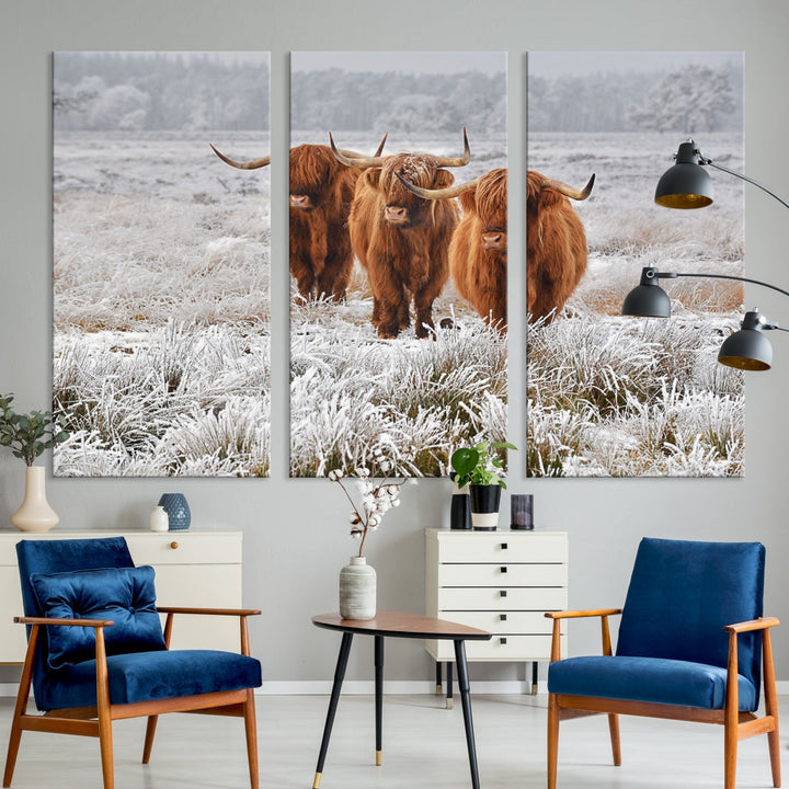 Highland Cows in Snow Canvas Art Animal Photography Large Print Wall Art Highland Cattle Picture Art Farmhouse Art