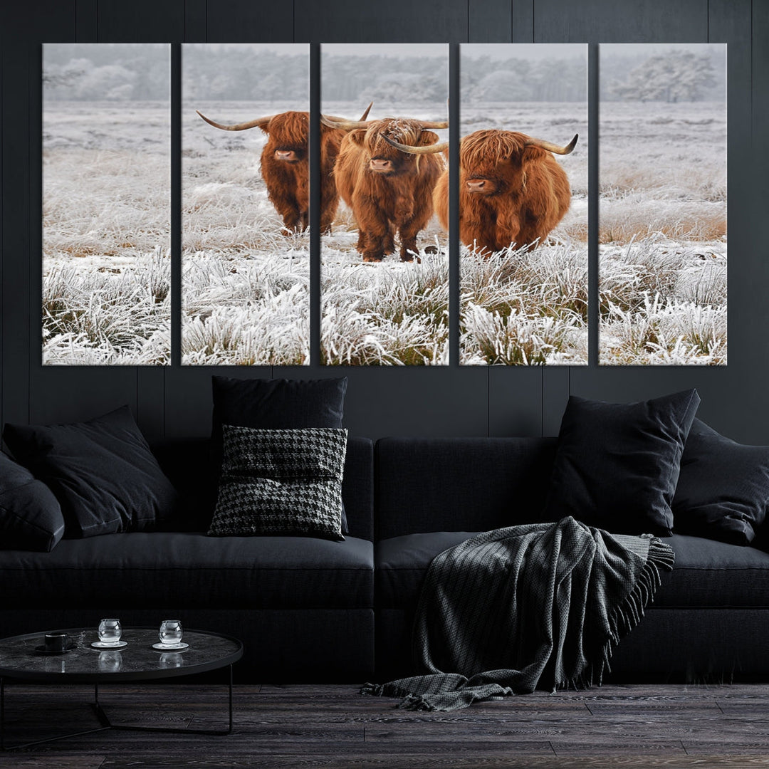 Highland Cows in Snow Canvas Art Animal Photography Large Print Wall Art Highland Cattle Picture Art Farmhouse Art Living Room Decor Nature Canvas Art Multi Panel Wall Art Framed Ready to Hang