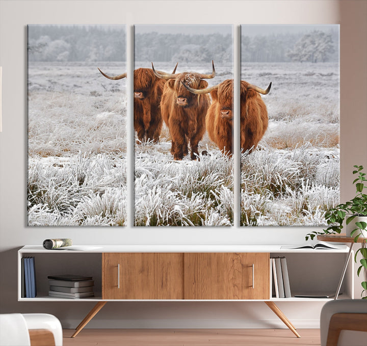 Highland Cows in Snow Canvas Art Animal Photography Large Print Wall Art Highland Cattle Picture Art Farmhouse Art Living Room Decor Nature Canvas Art Multi Panel Wall Art Framed Ready to Hang