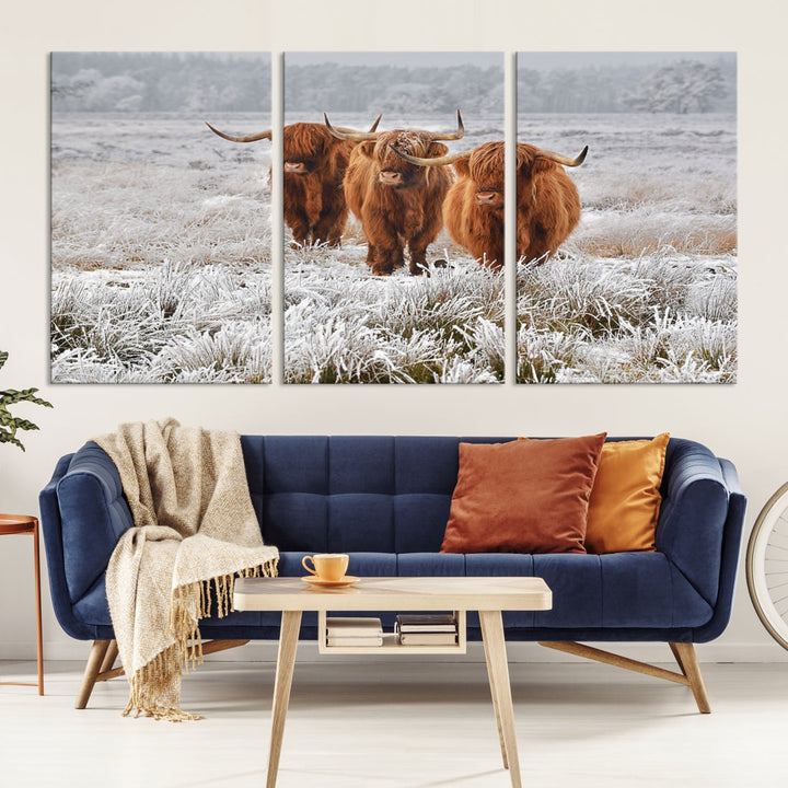 Highland Cows in Snow Canvas Art Animal Photography Large Print Wall Art Highland Cattle Picture Art Farmhouse Art Living Room Decor Nature Canvas Art Multi Panel Wall Art Framed Ready to Hang