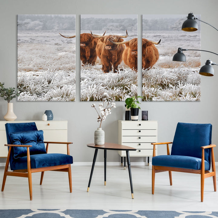 Highland Cows in Snow Canvas Art Animal Photography Large Print Wall Art Highland Cattle Picture Art Farmhouse Art Living Room Decor Nature Canvas Art Multi Panel Wall Art Framed Ready to Hang