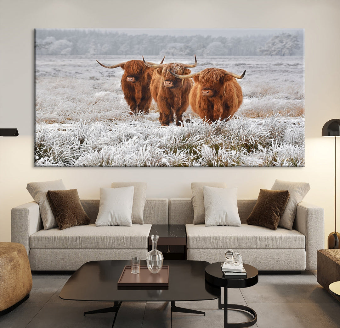 Highland Cows in Snow Canvas Art Animal Photography Large Print Wall Art Highland Cattle Picture Art Farmhouse Art Living Room Decor Nature Canvas Art Multi Panel Wall Art Framed Ready to Hang