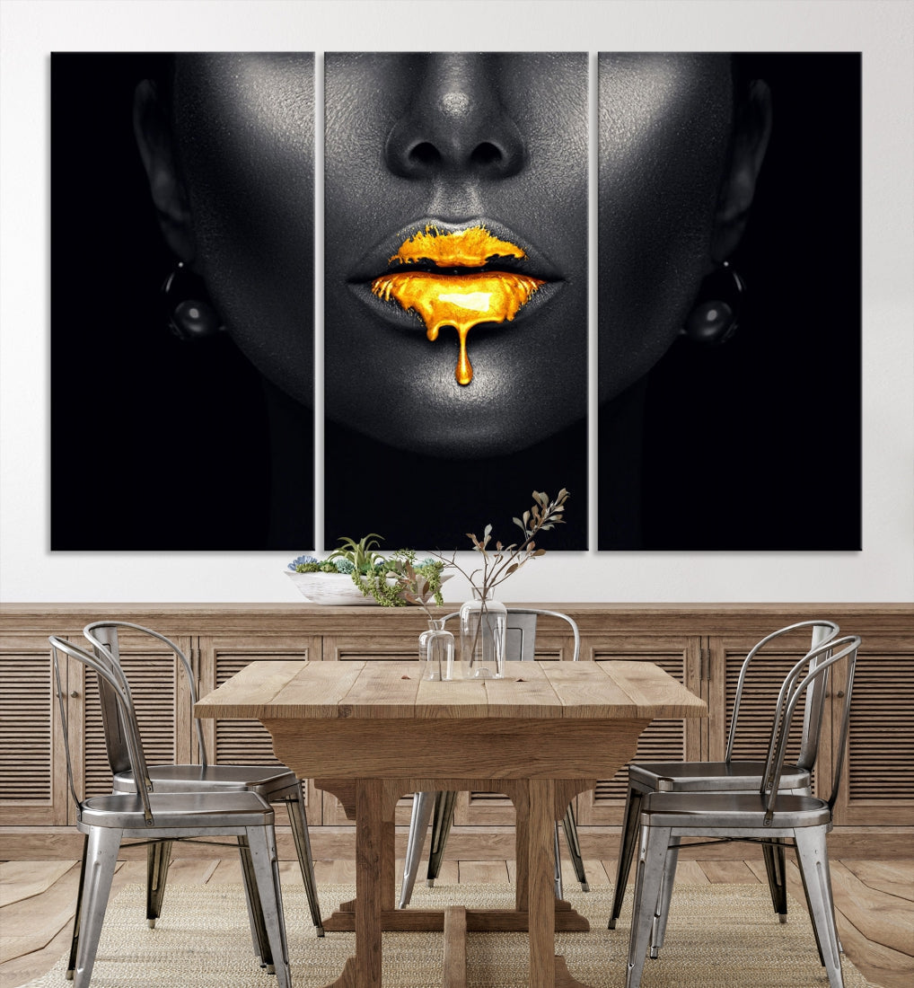 Honey Gold Lips and Black Woman Photograph Canvas Wall Art Print Makeup Canvas Art Lips Print Fashion Beauty Split