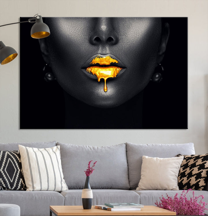 Honey Gold Lips and Black Woman Photograph Canvas Wall Art Print Makeup Canvas Art Lips Print Fashion Beauty Split