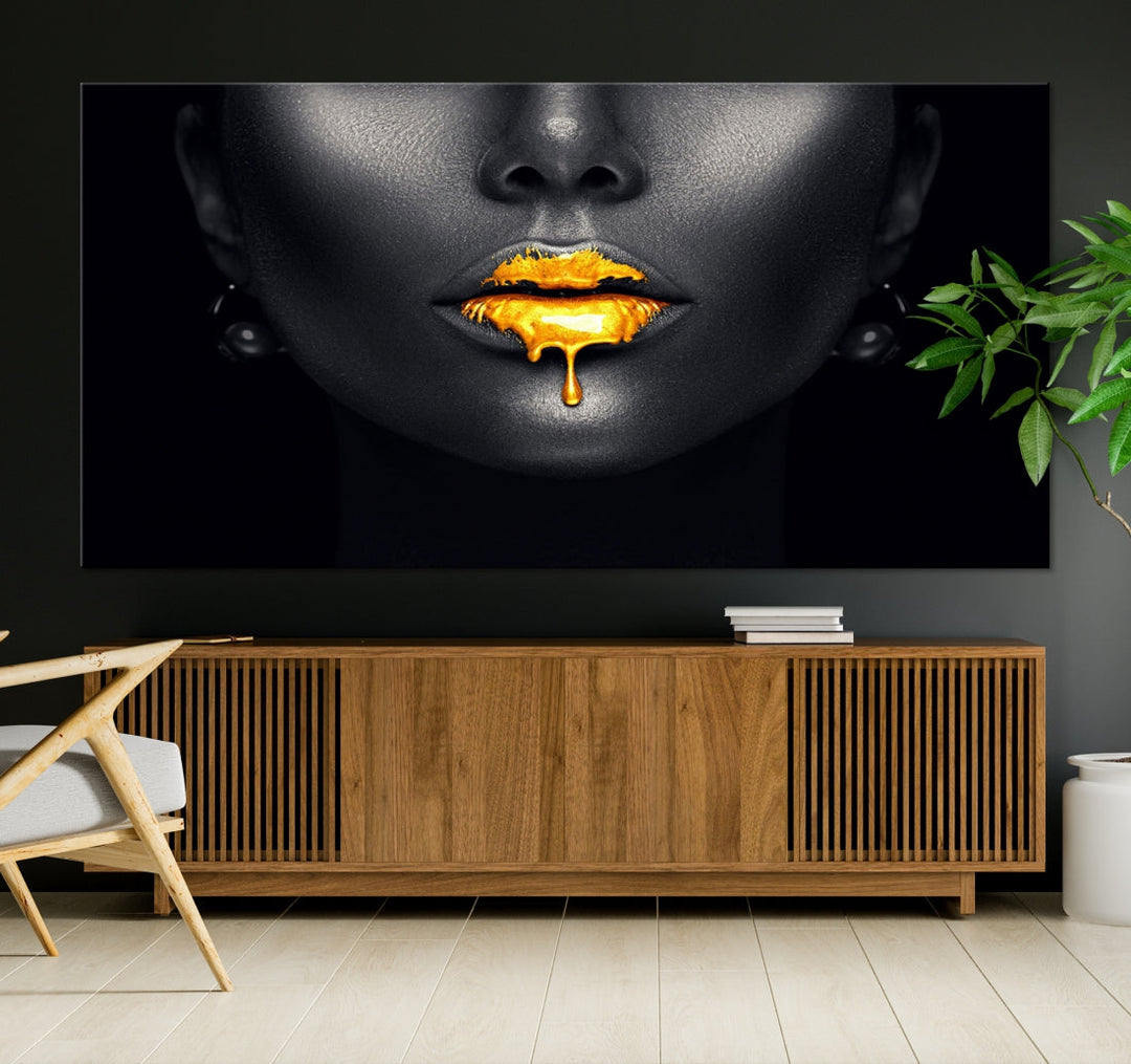 Honey Gold Lips and Black Woman Photograph Canvas Wall Art Print Makeup Canvas Art Lips Print Fashion Beauty Split