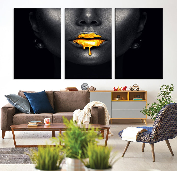 Honey Gold Lips and Black Woman Photograph Canvas Wall Art Print Makeup Canvas Art Lips Print Fashion Beauty Split