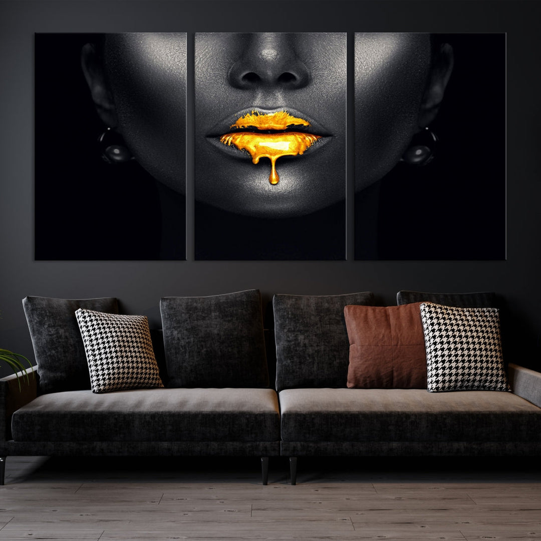 Honey Gold Lips and Black Woman Photograph Canvas Wall Art Print Makeup Canvas Art Lips Print Fashion Beauty Split