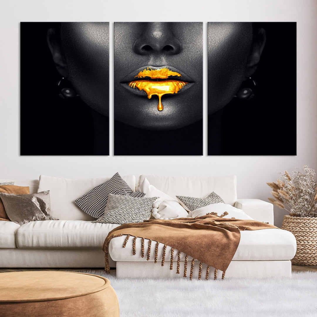 Honey Gold Lips and Black Woman Photograph Canvas Wall Art Print Makeup Canvas Art Lips Print Fashion Beauty Split