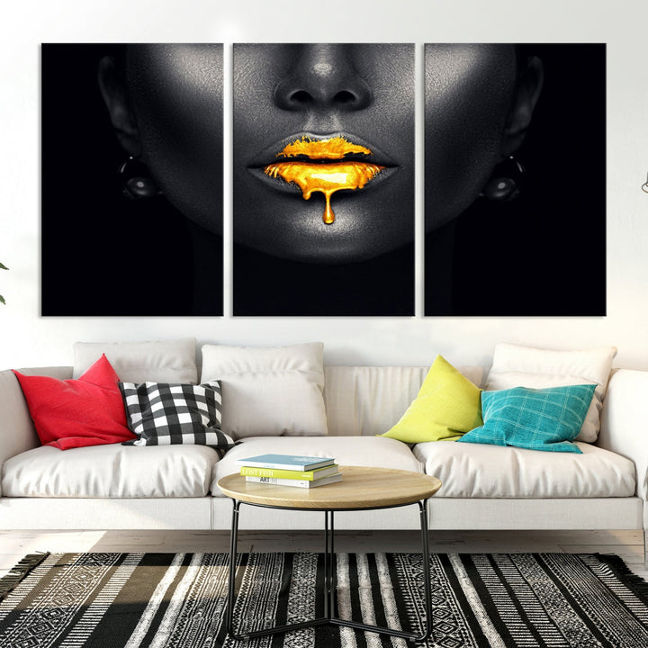 Honey Gold Lips and Black Woman Photograph Canvas Wall Art Print Makeup Canvas Art Lips Print Fashion Beauty Split