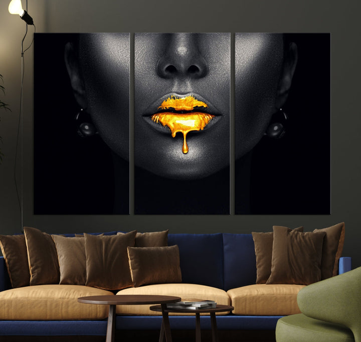 Honey Gold Lips and Black Woman Photograph Canvas Wall Art Print Makeup Canvas Art Lips Print Fashion Beauty Split