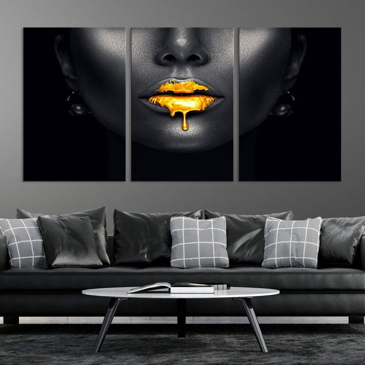 Honey Gold Lips and Black Woman Photograph Canvas Wall Art Print Makeup Canvas Art Lips Print Fashion Beauty Split