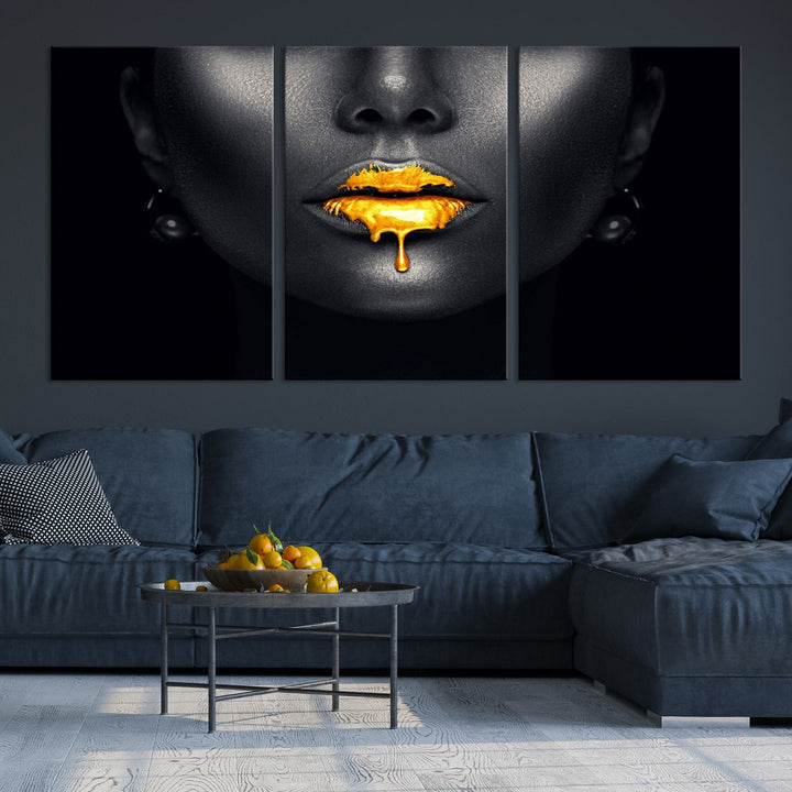 Honey Gold Lips and Black Woman Photograph Canvas Wall Art Print Makeup Canvas Art Lips Print Fashion Beauty Split