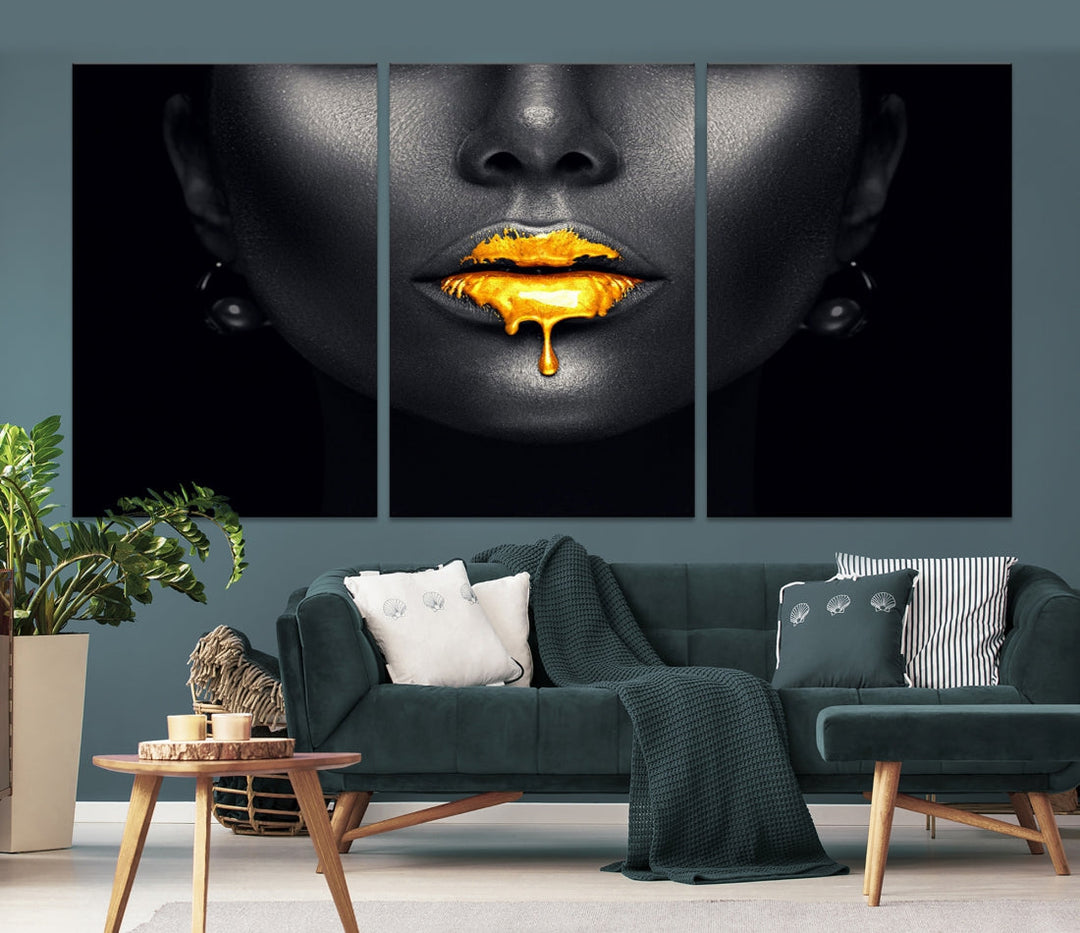 Honey Gold Lips and Black Woman Photograph Canvas Wall Art Print Makeup Canvas Art Lips Print Fashion Beauty Split