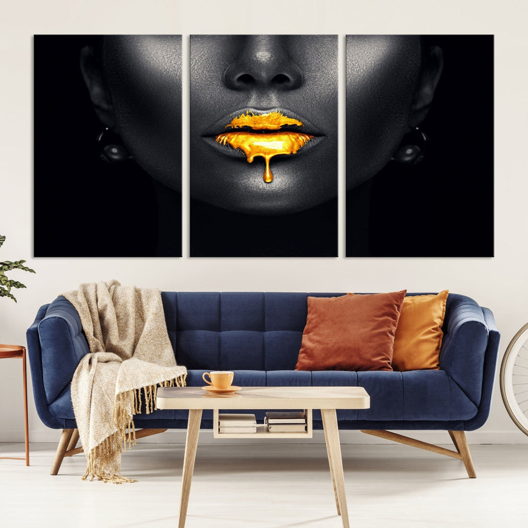 Honey Gold Lips and Black Woman Photograph Canvas Wall Art Print Makeup Canvas Art Lips Print Fashion Beauty Split