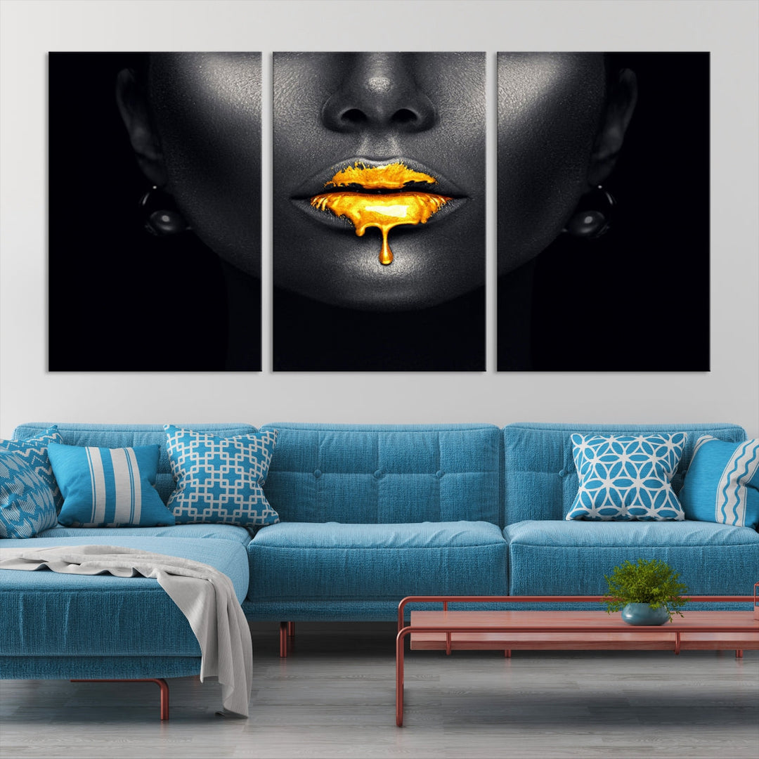 Honey Gold Lips and Black Woman Photograph Canvas Wall Art Print Makeup Canvas Art Lips Print Fashion Beauty Split