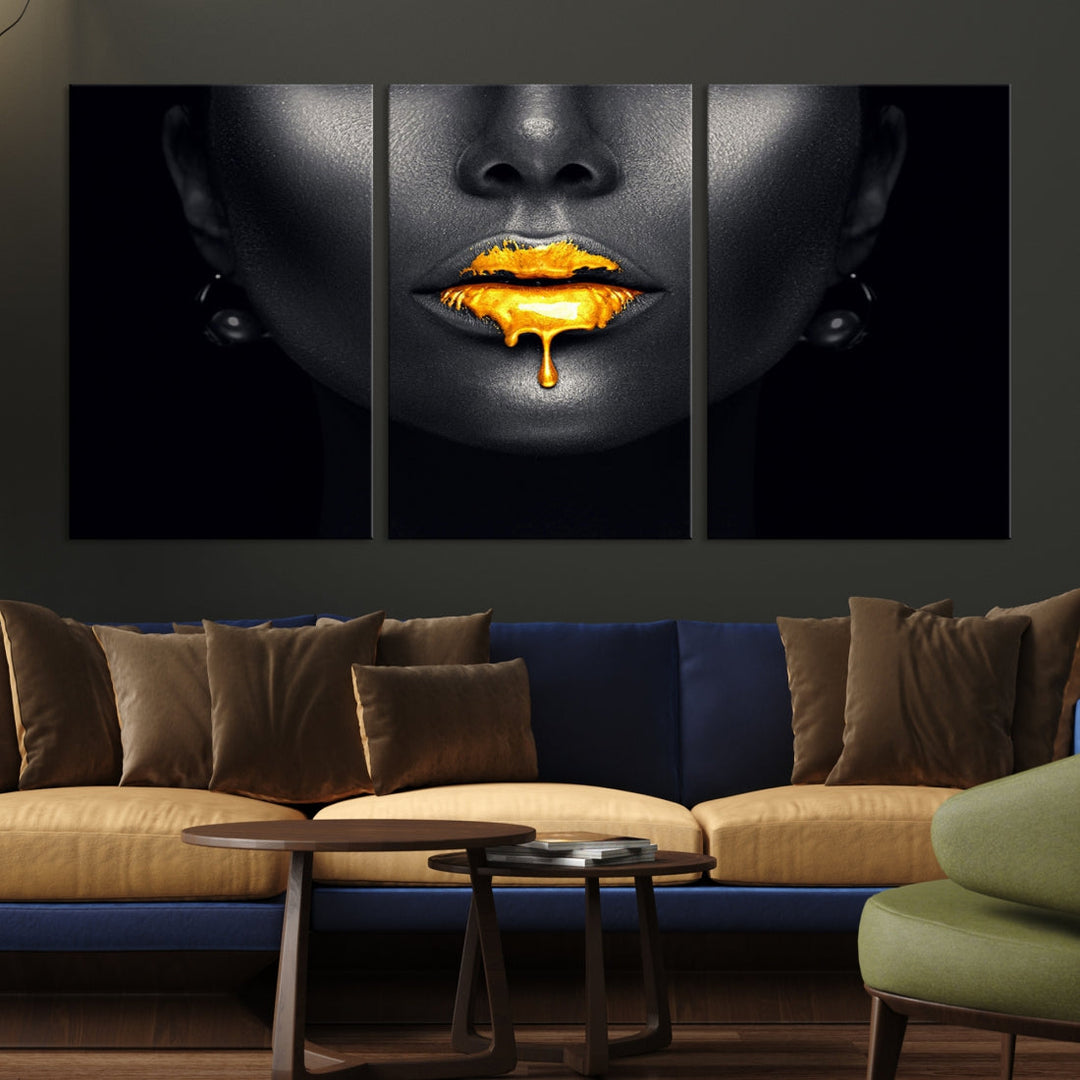 Honey Gold Lips and Black Woman Photograph Canvas Wall Art Print Makeup Canvas Art Lips Print Fashion Beauty Split