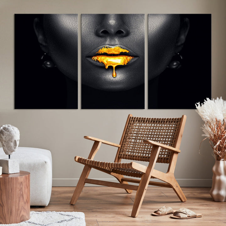 Honey Gold Lips and Black Woman Photograph Canvas Wall Art Print Makeup Canvas Art Lips Print Fashion Beauty Split