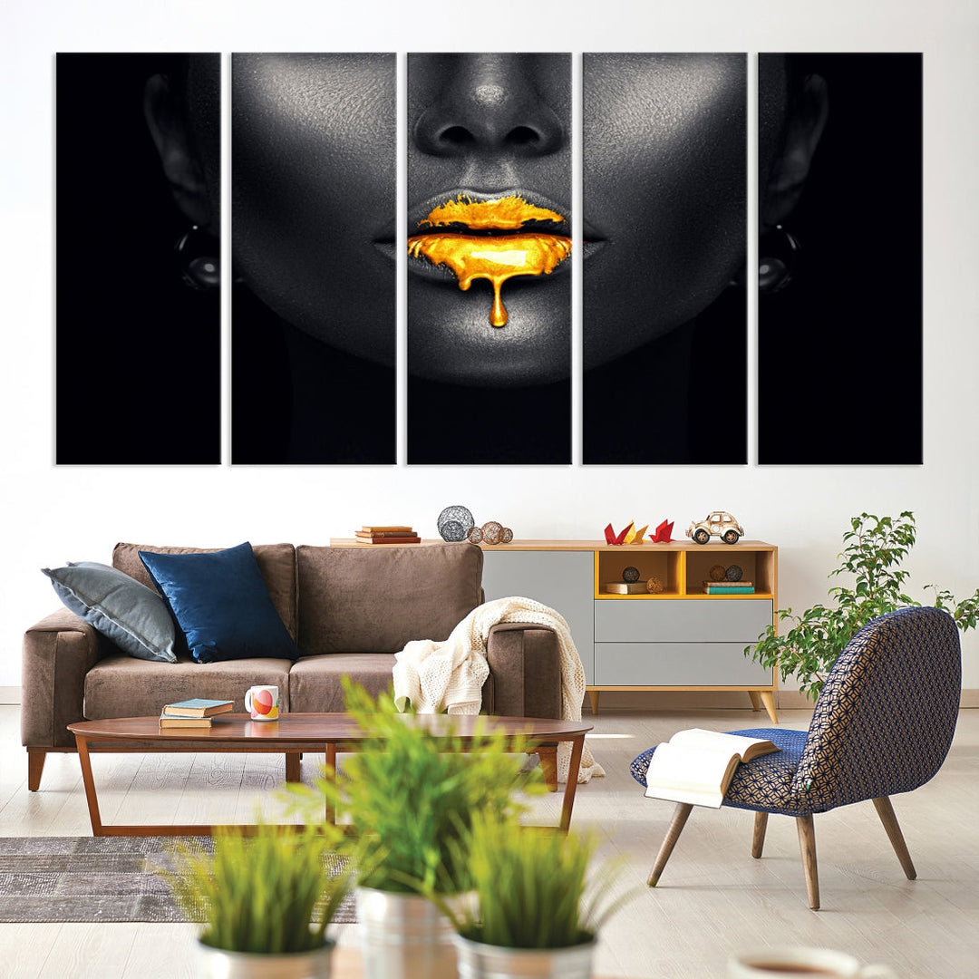 Honey Gold Lips and Black Woman Photograph Canvas Wall Art Print Makeup Canvas Art Lips Print Fashion Beauty Split