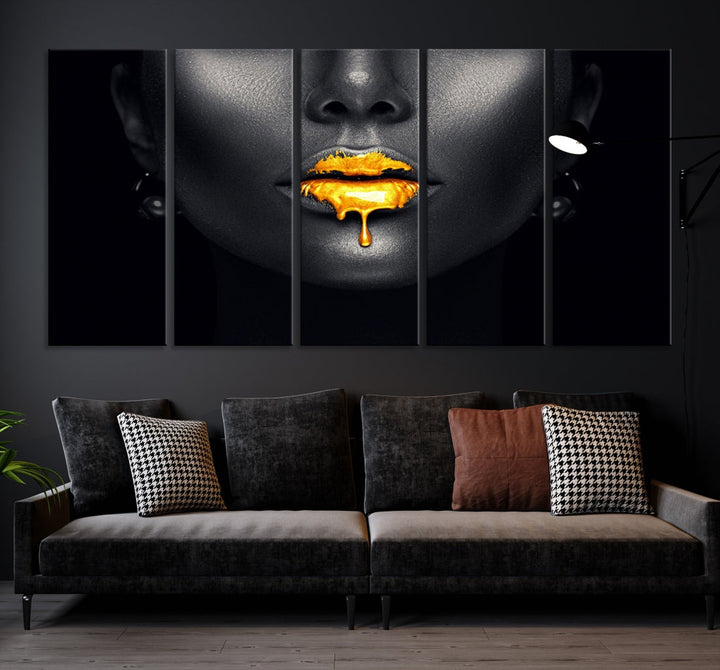 Honey Gold Lips and Black Woman Photograph Canvas Wall Art Print Makeup Canvas Art Lips Print Fashion Beauty Split