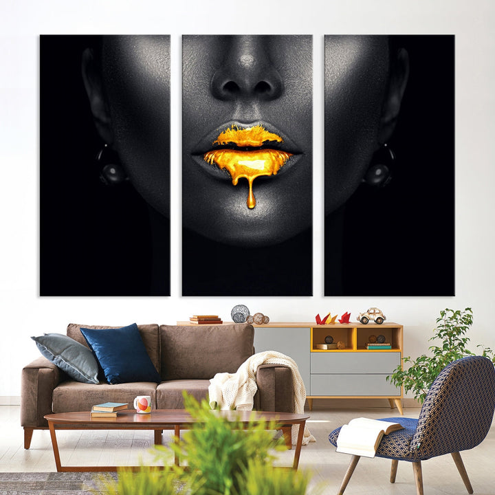 Honey Gold Lips and Black Woman Photograph Canvas Wall Art Print Makeup Canvas Art Lips Print Fashion Beauty Split