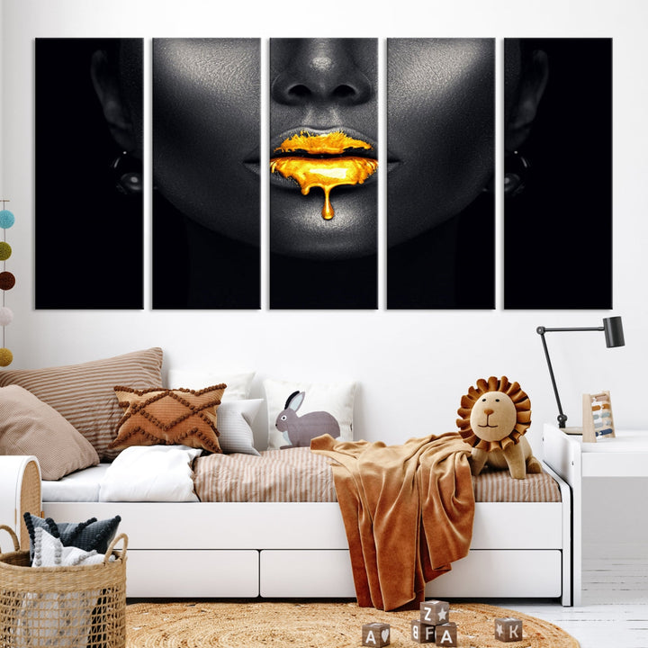 Honey Gold Lips and Black Woman Photograph Canvas Wall Art Print Makeup Canvas Art Lips Print Fashion Beauty Split