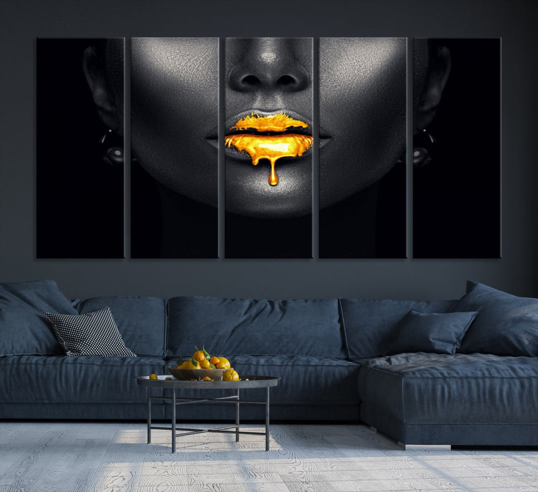 Honey Gold Lips and Black Woman Photograph Canvas Wall Art Print Makeup Canvas Art Lips Print Fashion Beauty Split