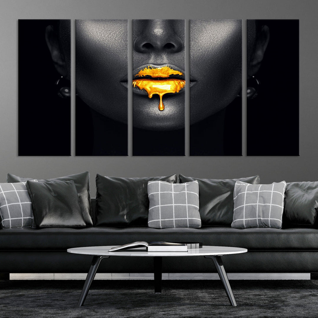 Honey Gold Lips and Black Woman Photograph Canvas Wall Art Print Makeup Canvas Art Lips Print Fashion Beauty Split