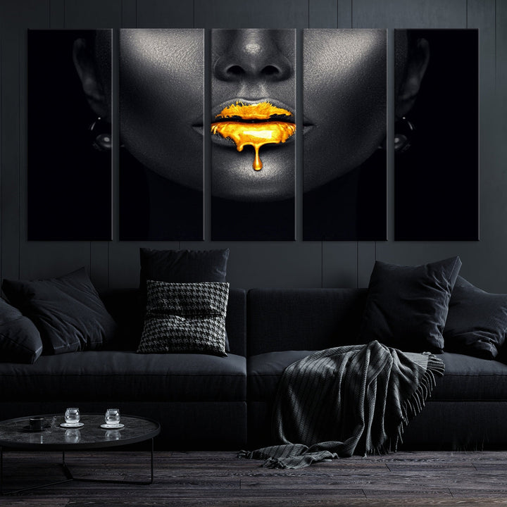 Honey Gold Lips and Black Woman Photograph Canvas Wall Art Print Makeup Canvas Art Lips Print Fashion Beauty Split