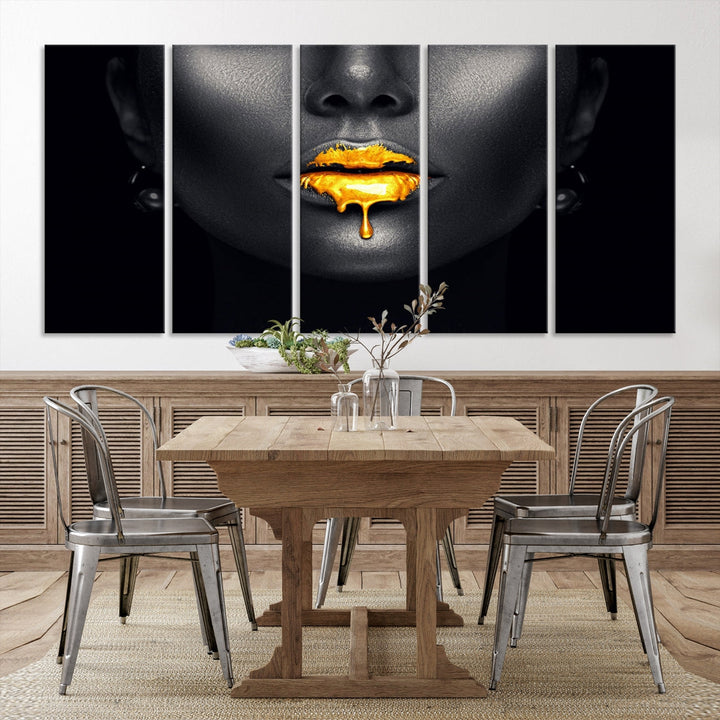 Honey Gold Lips and Black Woman Photograph Canvas Wall Art Print Makeup Canvas Art Lips Print Fashion Beauty Split