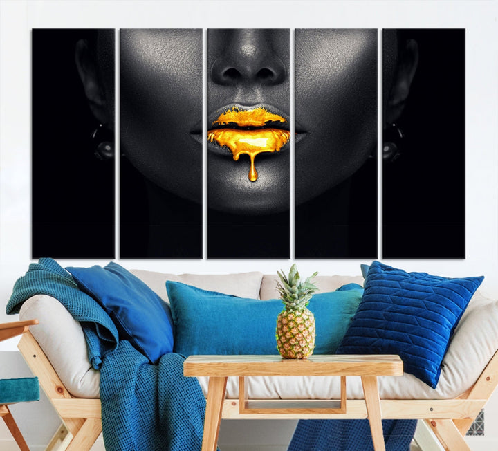 Honey Gold Lips and Black Woman Photograph Canvas Wall Art Print Makeup Canvas Art Lips Print Fashion Beauty Split