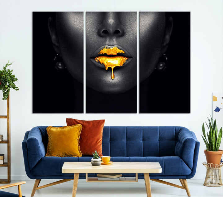 Honey Gold Lips and Black Woman Photograph Canvas Wall Art Print Makeup Canvas Art Lips Print Fashion Beauty Split