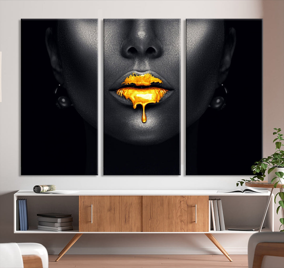 Honey Gold Lips and Black Woman Photograph Canvas Wall Art Print Makeup Canvas Art Lips Print Fashion Beauty Split