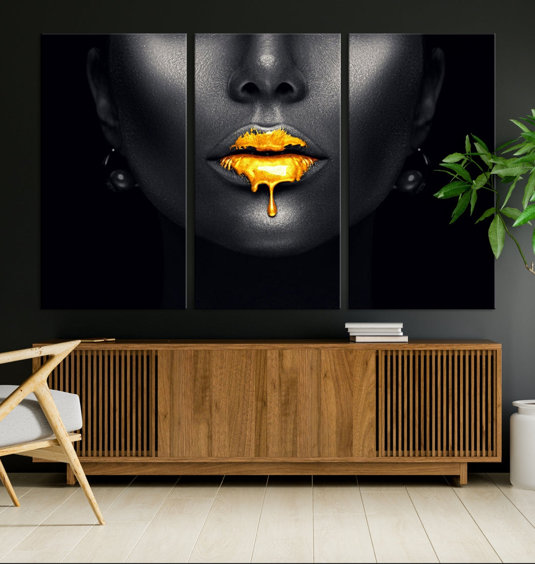 Honey Gold Lips and Black Woman Photograph Canvas Wall Art Print Makeup Canvas Art Lips Print Fashion Beauty Split