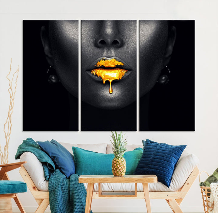 Honey Gold Lips and Black Woman Photograph Canvas Wall Art Print Makeup Canvas Art Lips Print Fashion Beauty Split