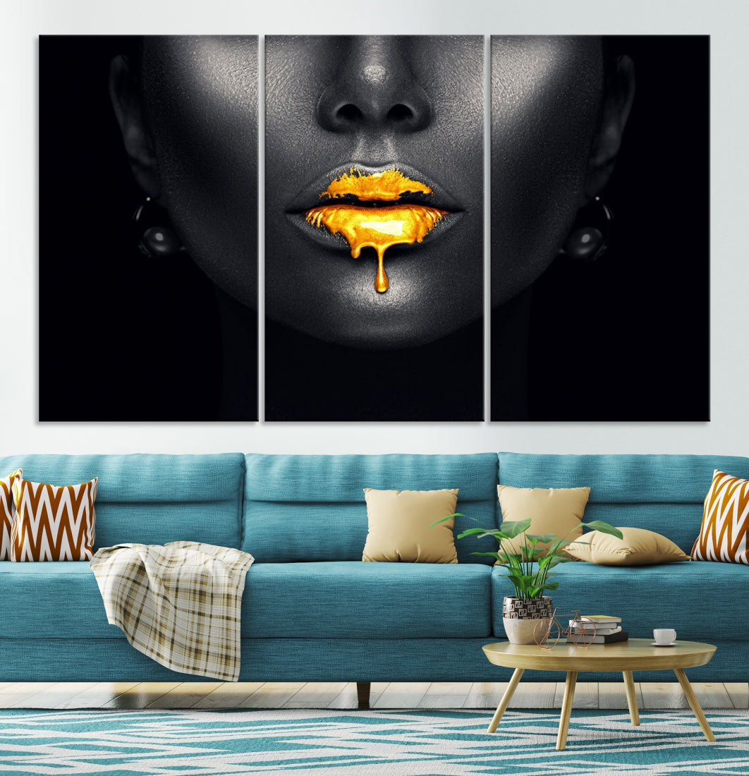 Honey Gold Lips and Black Woman Photograph Canvas Wall Art Print Makeup Canvas Art Lips Print Fashion Beauty Split